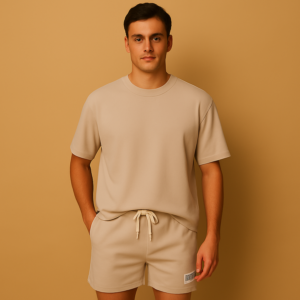 Minimalist summer set for men with matching T-shirt and shorts, ideal for casual wear, lounging, or warm summer days.