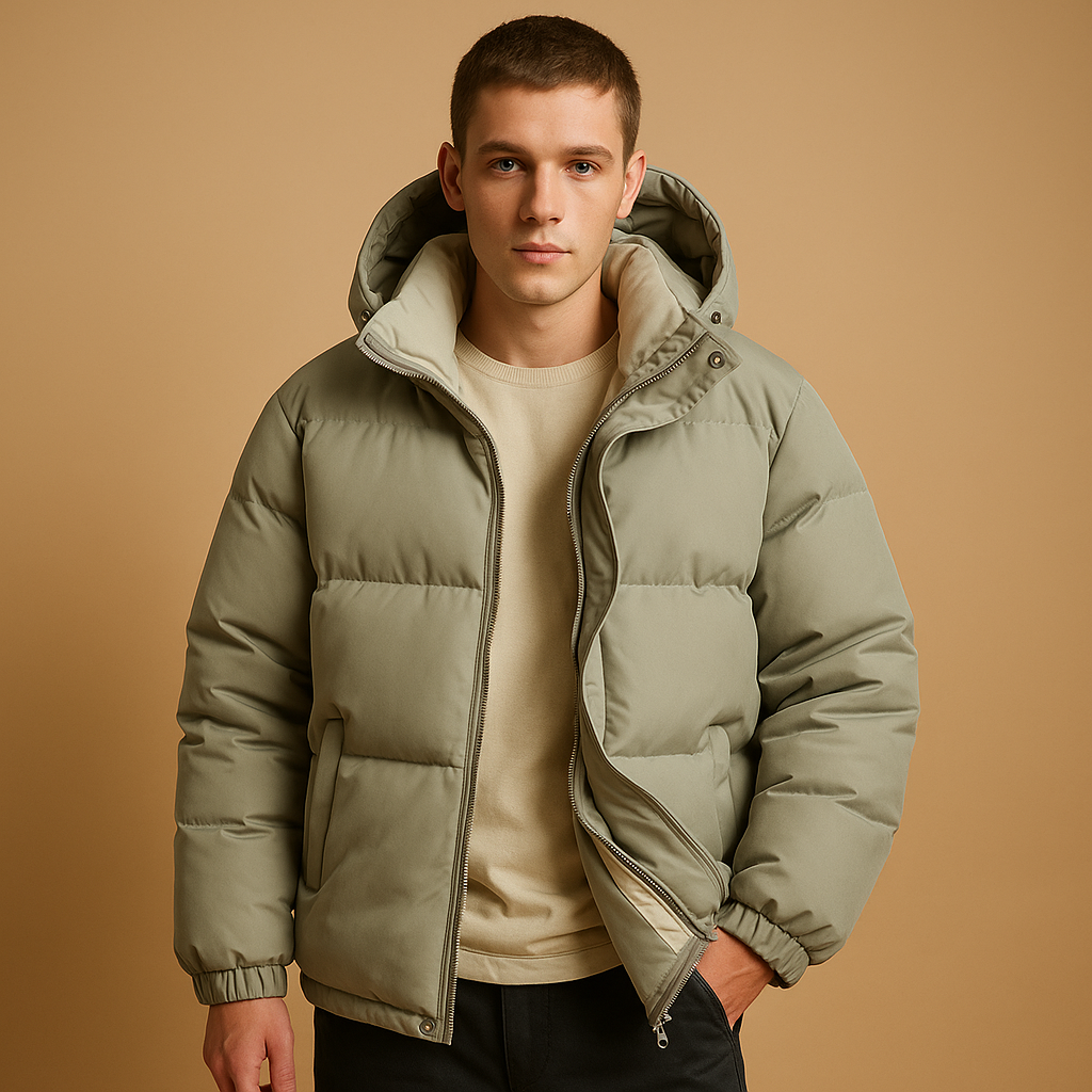 Men’s modern puffer jacket with hood and insulation, designed for warmth, comfort, and protection during cold and windy days.