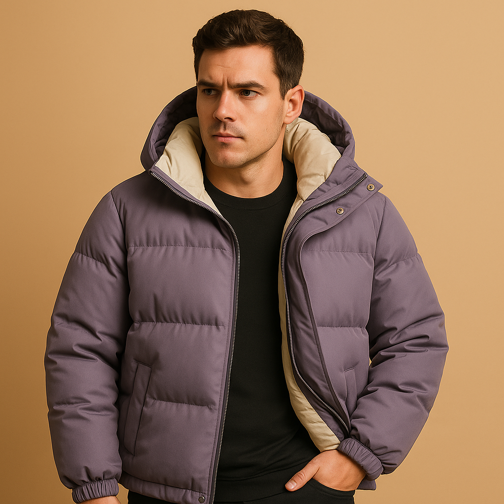 Men’s modern puffer jacket with hood and insulation, designed for warmth, comfort, and protection during cold and windy days.