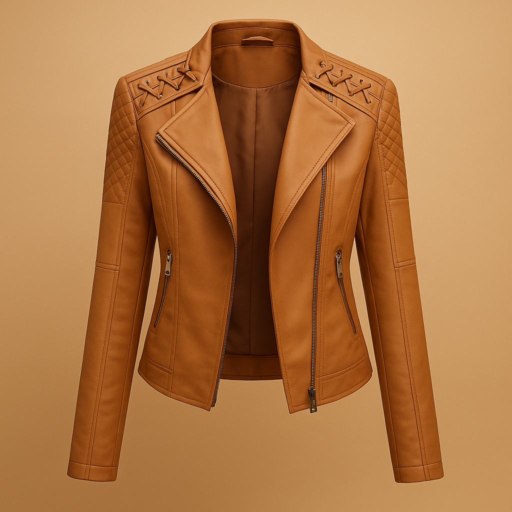 Women’s jacket with stand-up collar, symmetrical zipper, and functional pockets, perfect for spring and autumn styling.