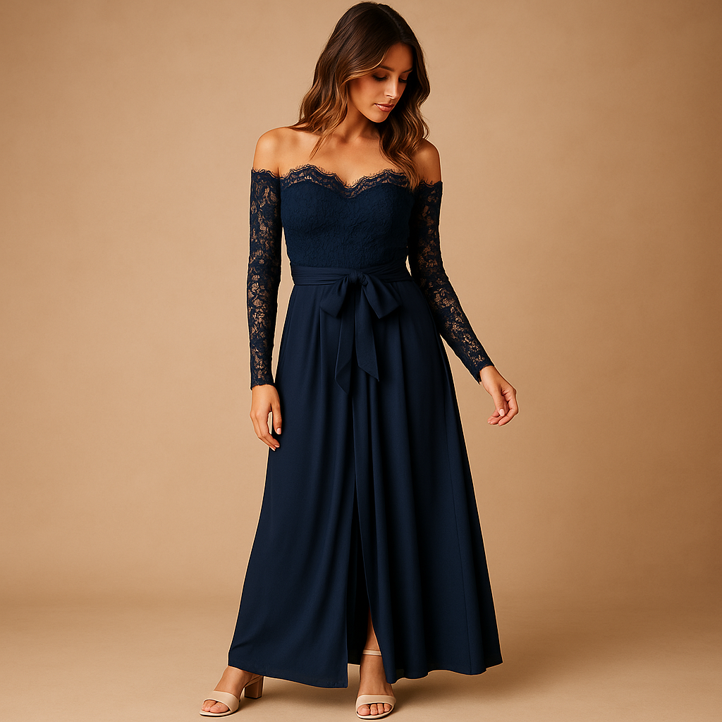 Off-shoulder lace jumpsuit for women in navy blue with wide split-leg pants, perfect for galas, evening events, and formal occasions.