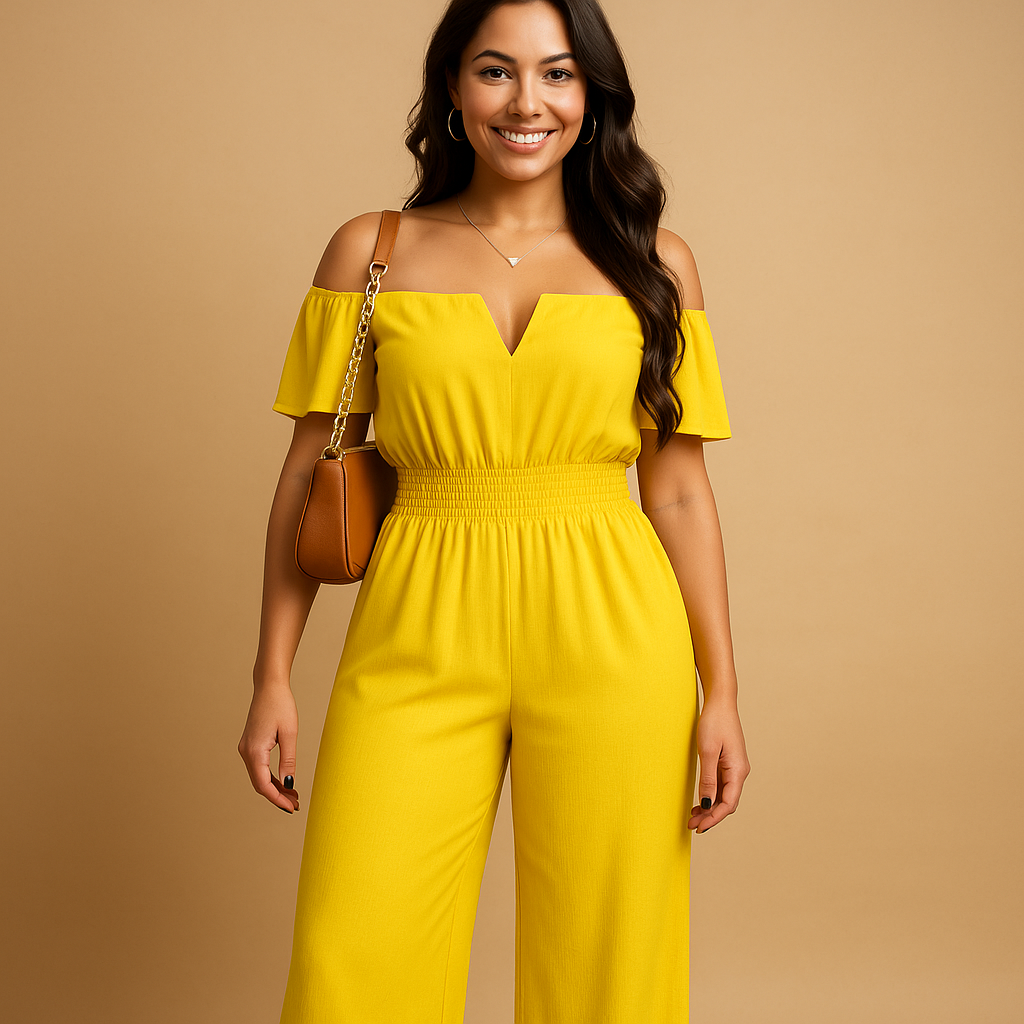 Off-shoulder pleated jumpsuit for women with elastic waist and short sleeves, perfect for summer parties, beach days, and casual outings.
