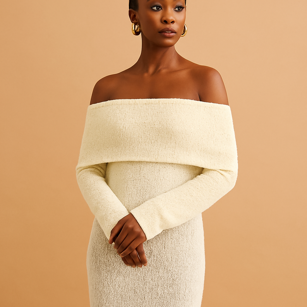 Women’s off-shoulder summer dress in khaki, black, and white. Elegant, lightweight, and perfect for casual outings, holidays, or formal occasions.