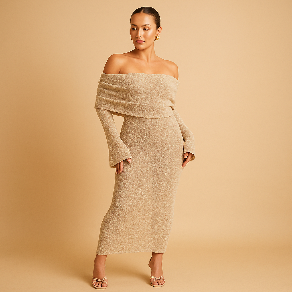 Women’s off-shoulder summer dress in khaki, black, and white. Elegant, lightweight, and perfect for casual outings, holidays, or formal occasions.