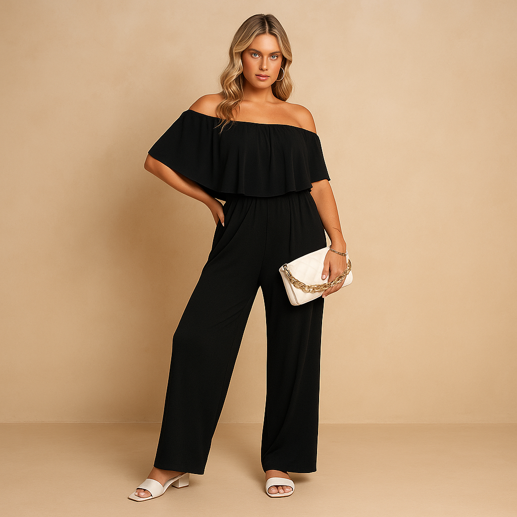 Elegant off-shoulder summer jumpsuit for women in gray, blue, red, and black, ideal for beach days, garden parties, and casual outings.