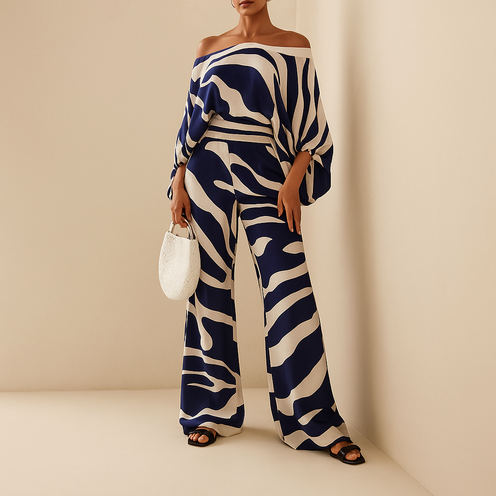 Women’s elegant two-piece summer set with off-shoulder blouse and wide-leg pants, perfect for dinners, vacations, and stylish everyday wear.