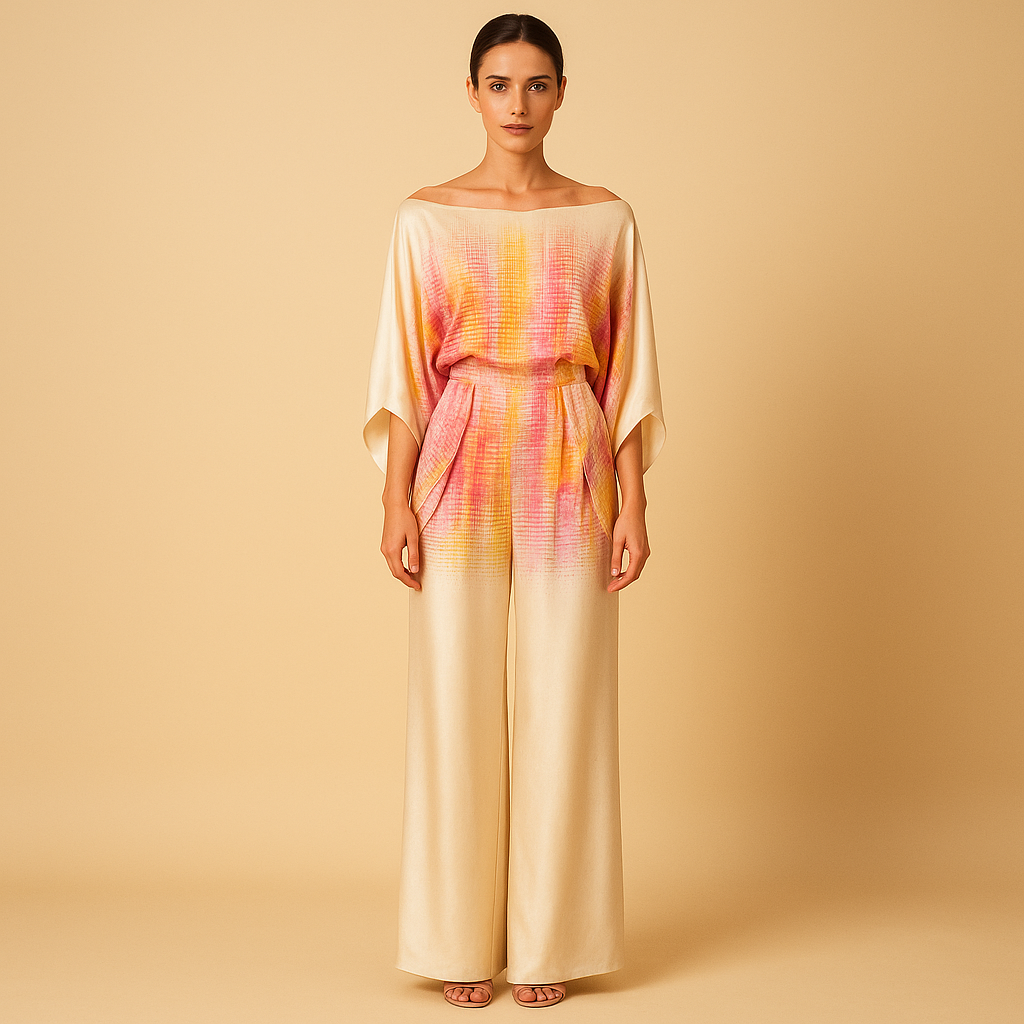 Women’s elegant two-piece summer set with off-shoulder blouse and wide-leg pants, perfect for dinners, vacations, and stylish everyday wear.