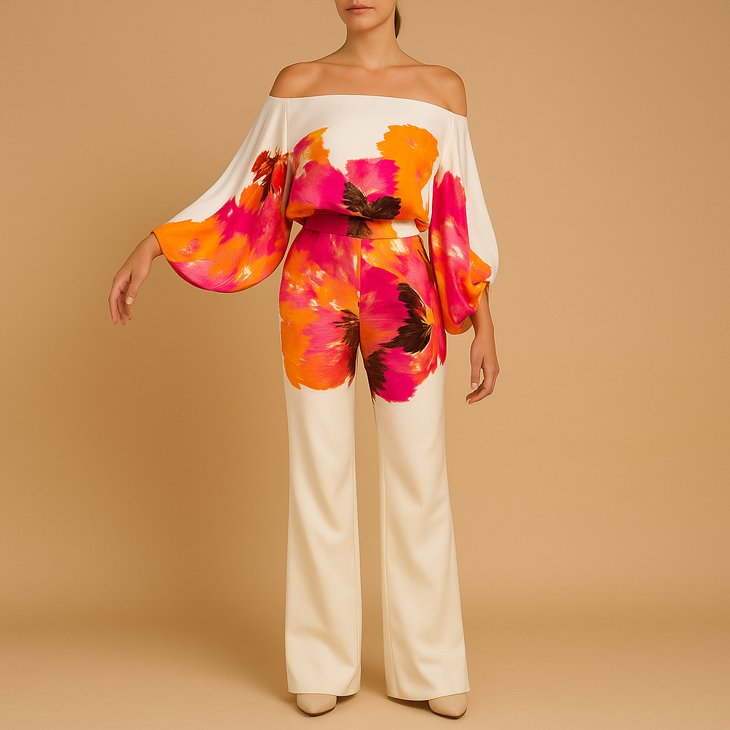 Women’s elegant two-piece summer set with off-shoulder blouse and wide-leg pants, perfect for dinners, vacations, and stylish everyday wear.