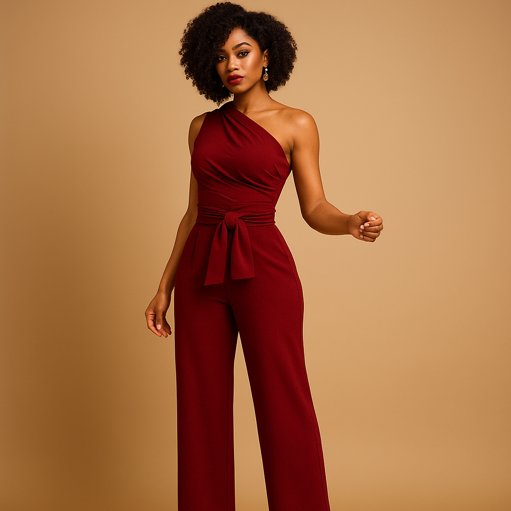 Elegant one-shoulder jumpsuit for women with wide-leg design, perfect for summer parties, dinners, and special occasions.