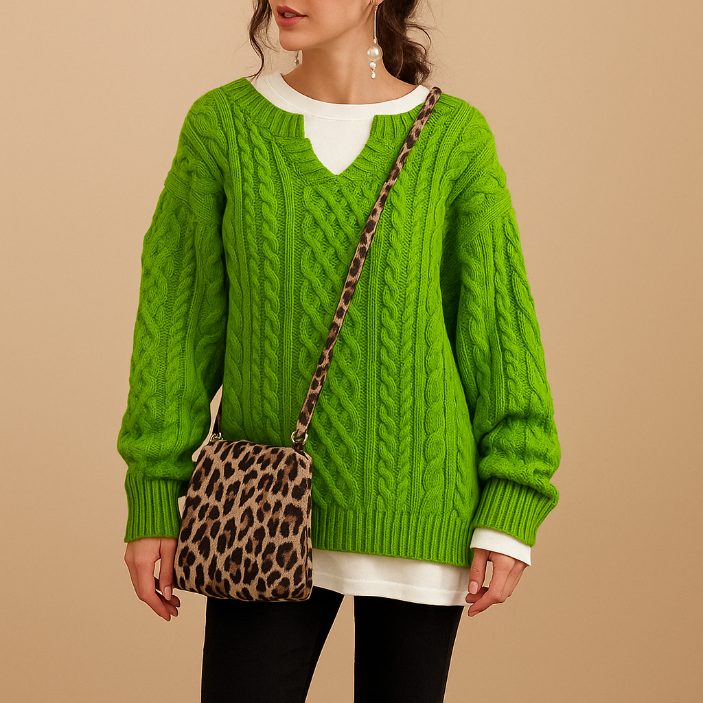 Women’s oversized chunky knit sweater with dropped shoulders, long sleeves, and soft breathable fabric. Perfect for winter layering and casual outfits.