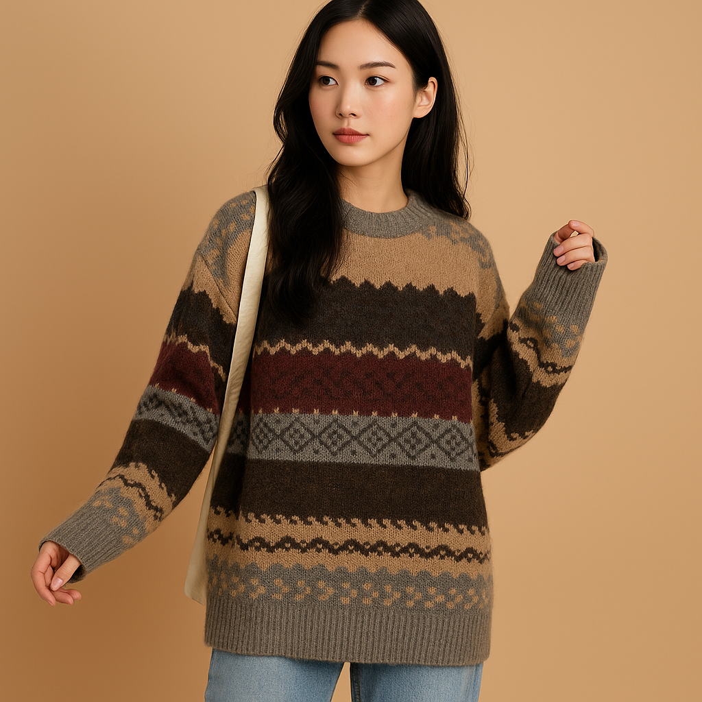 Women’s oversized knitted sweater in gray and khaki with soft knit fabric and relaxed feminine fit, perfect for casual or cozy wear.