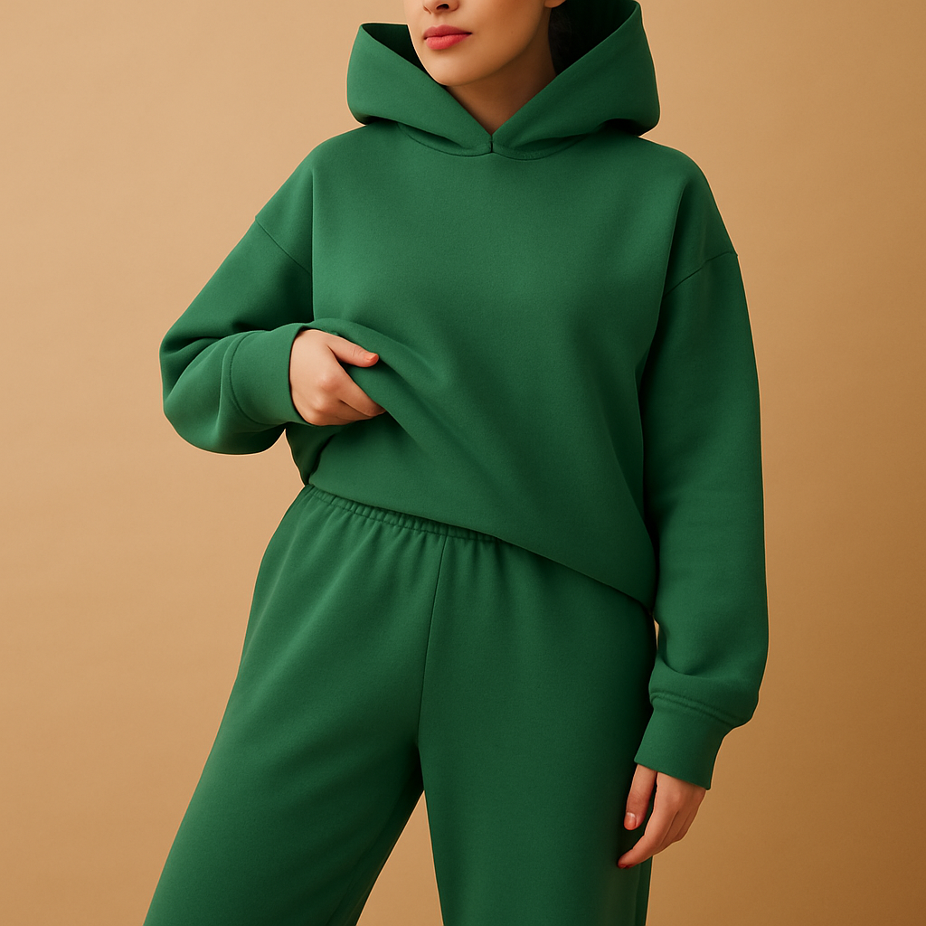 Women’s oversized hoodie and jogger loungewear set in soft fabric, perfect for lounging, casual wear, or cozy evenings at home.