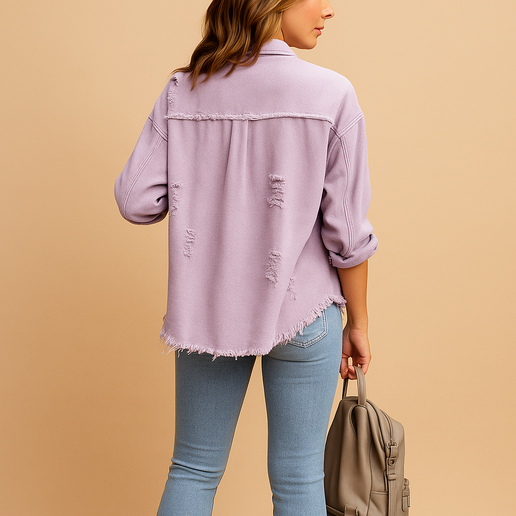 Oversized vintage denim jacket for women with distressed details, relaxed fit, and long sleeves, perfect for casual outfits and all-season styling.