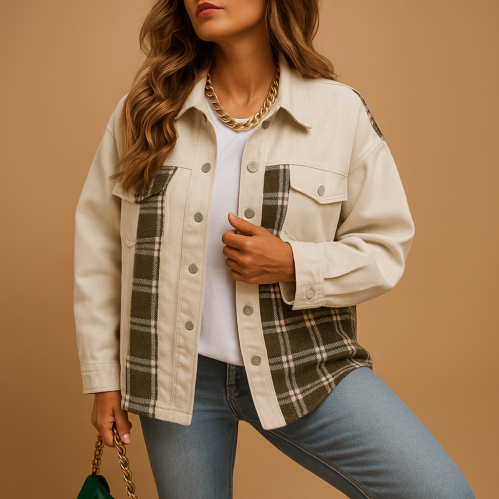 Women’s plaid denim-look jacket in red, black, or beige. Relaxed fit with long sleeves, soft skin-friendly fabric, perfect for layering in any season.