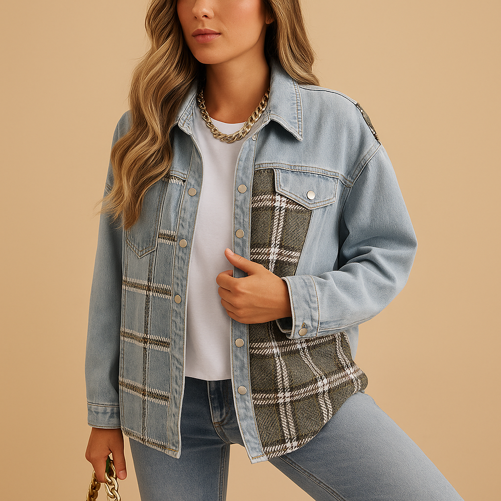 Women’s plaid denim-look jacket in red, black, or beige. Relaxed fit with long sleeves, soft skin-friendly fabric, perfect for layering in any season.