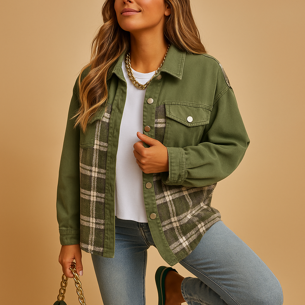 Women’s plaid denim-look jacket in red, black, or beige. Relaxed fit with long sleeves, soft skin-friendly fabric, perfect for layering in any season.