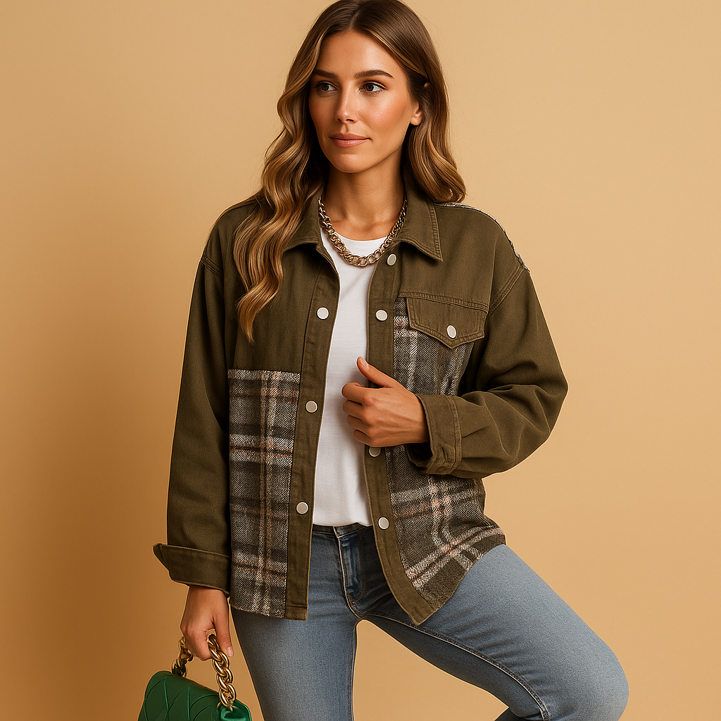 Women’s plaid denim-look jacket in red, black, or beige. Relaxed fit with long sleeves, soft skin-friendly fabric, perfect for layering in any season.