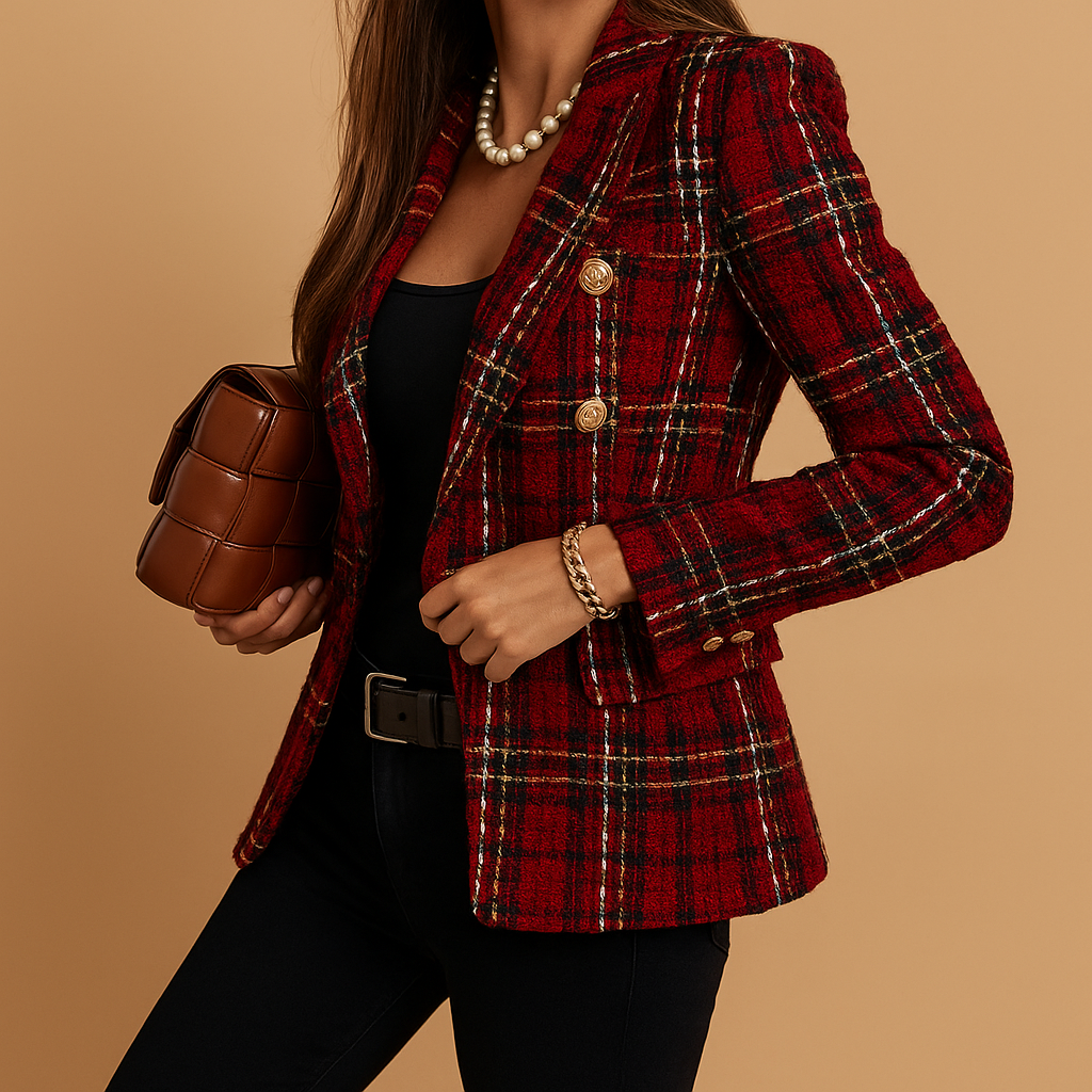 Women’s double-breasted plaid blazer with a refined fit and classic check pattern, ideal for work, business meetings or chic casual outfits.