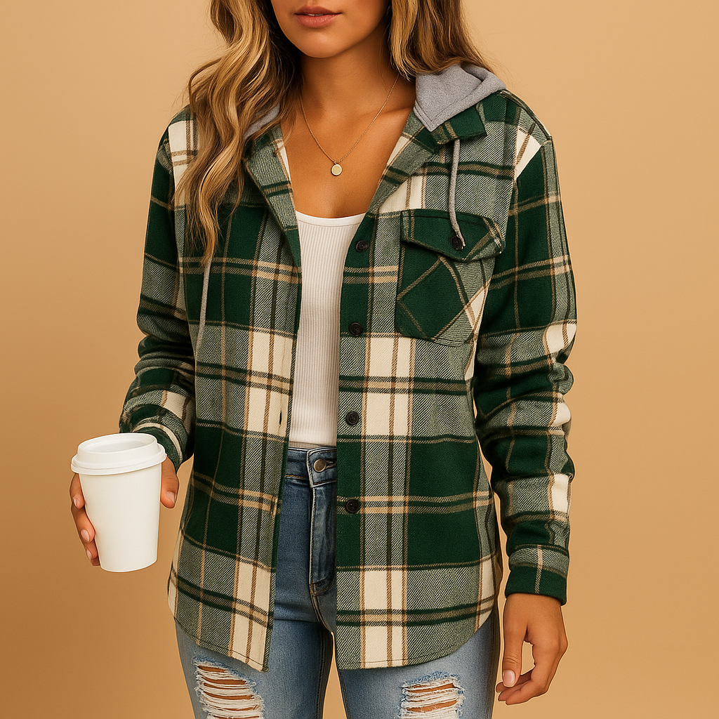 Plaid hooded coat for women in green with soft cotton-blend fabric, perfect for autumn and winter outfits.