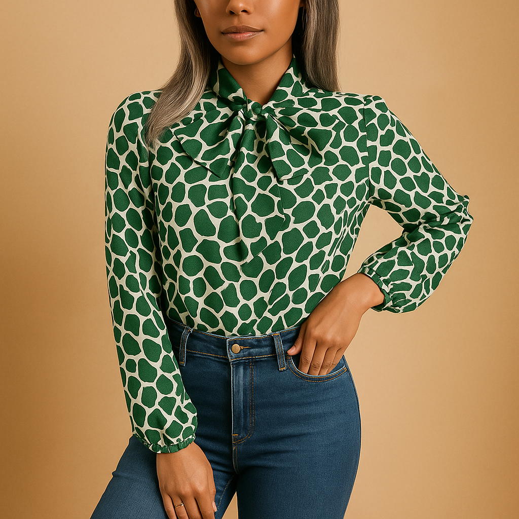 Women’s elegant polka dot blouse with bow detail and elastic cuffs, perfect for both office wear and casual outings.