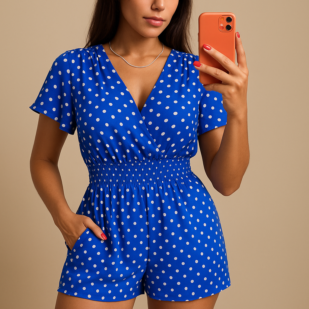 Polkadot summer jumpsuit for women with breathable fabric and practical pockets, perfect for casual outings and sunny days.