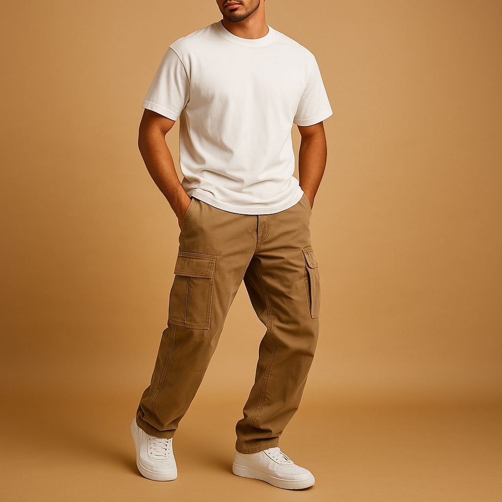Men’s practical cargo pants with regular fit and multiple cargo pockets, made from a cotton blend for durability, comfort, and everyday style.