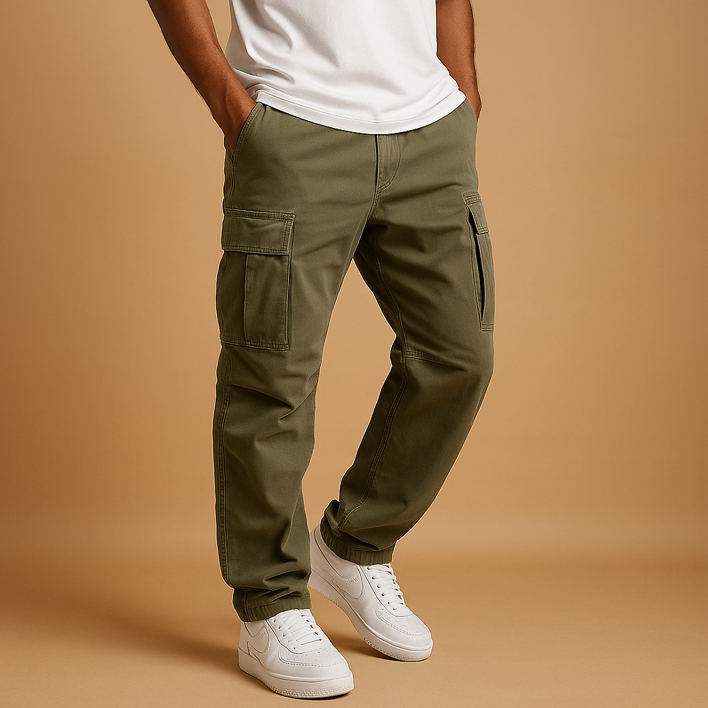 Men’s practical cargo pants with regular fit and multiple cargo pockets, made from a cotton blend for durability, comfort, and everyday style.
