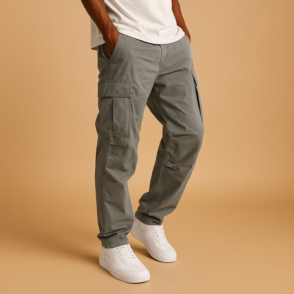 Men’s practical cargo pants with regular fit and multiple cargo pockets, made from a cotton blend for durability, comfort, and everyday style.