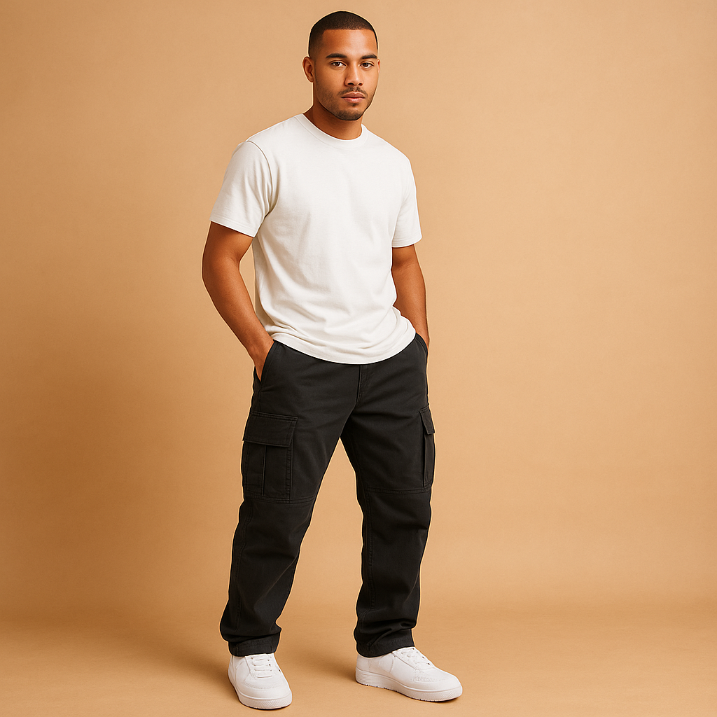Men’s practical cargo pants with regular fit and multiple cargo pockets, made from a cotton blend for durability, comfort, and everyday style.