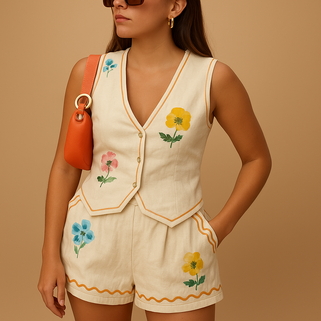 Women’s printed loungewear set with collared shirt and elastic-waist shorts, perfect for summer lounging or casual outings.