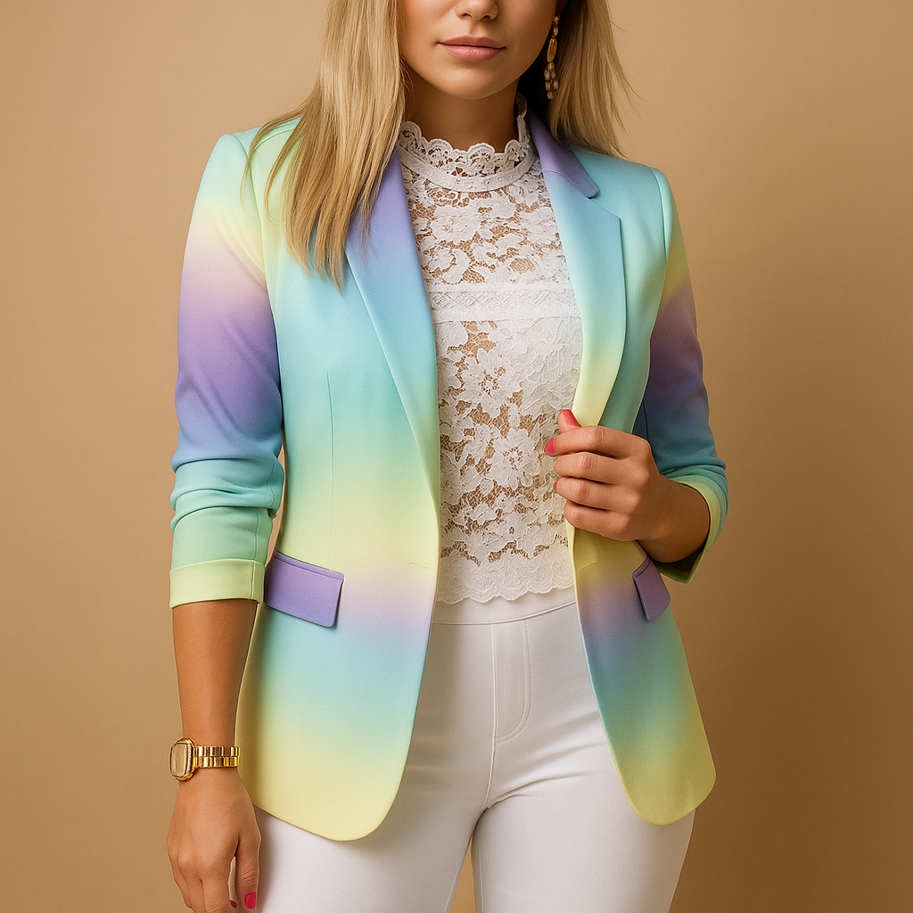 Women’s printed blazer with shawl collar and tailored fit, ideal for work, dinners and casual chic occasions.