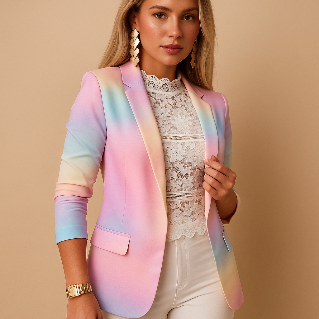 Women’s printed blazer with shawl collar and tailored fit, ideal for work, dinners and casual chic occasions.