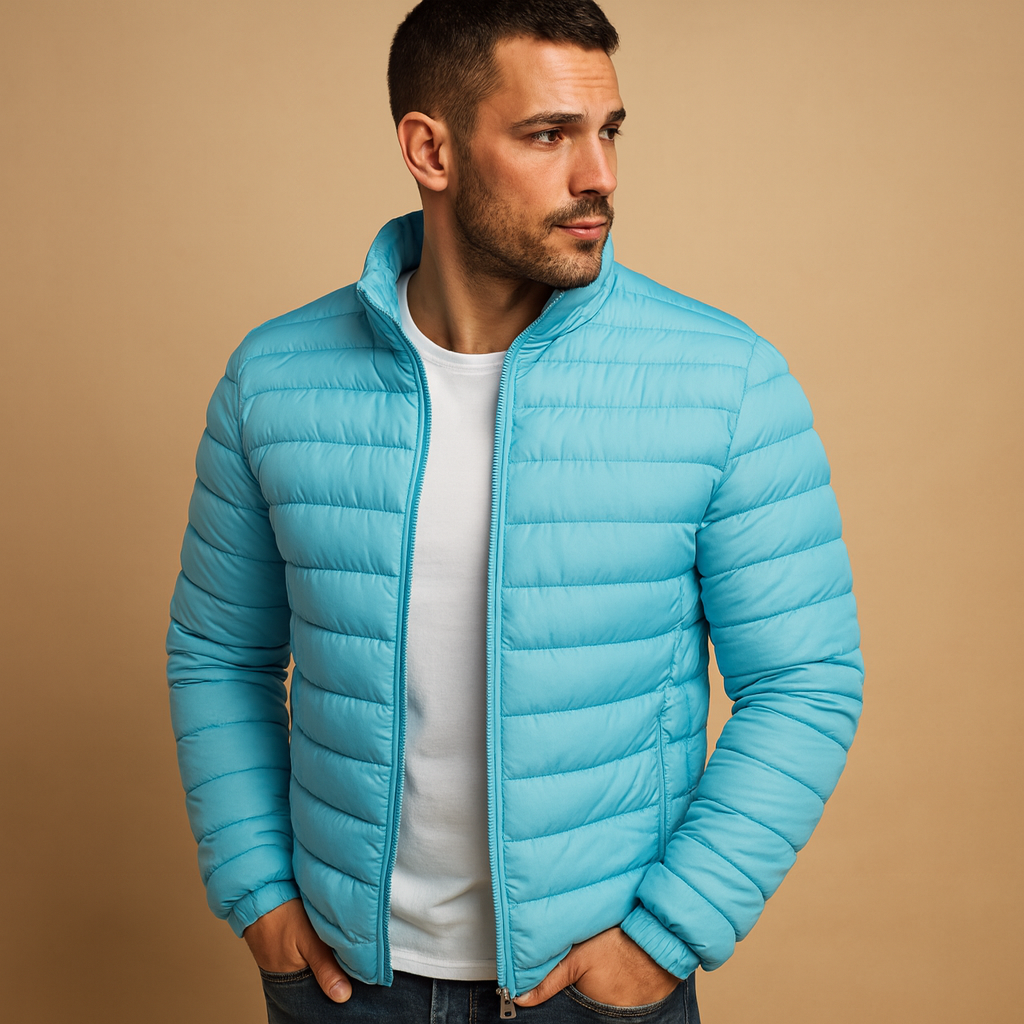 Men’s puffer jacket with hood, designed for warmth and comfort during cold winter days and outdoor activities.