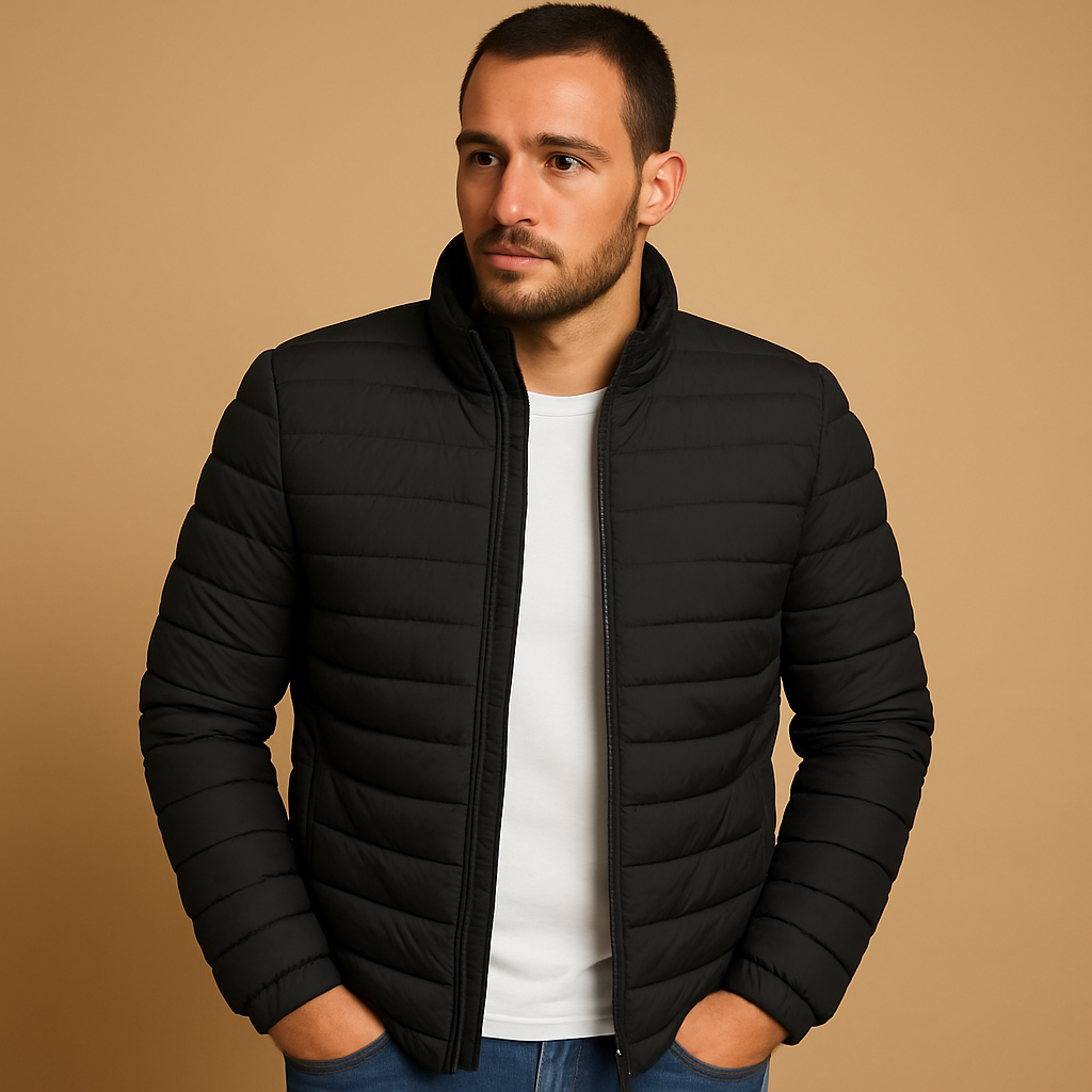 Men’s puffer jacket with hood, designed for warmth and comfort during cold winter days and outdoor activities.