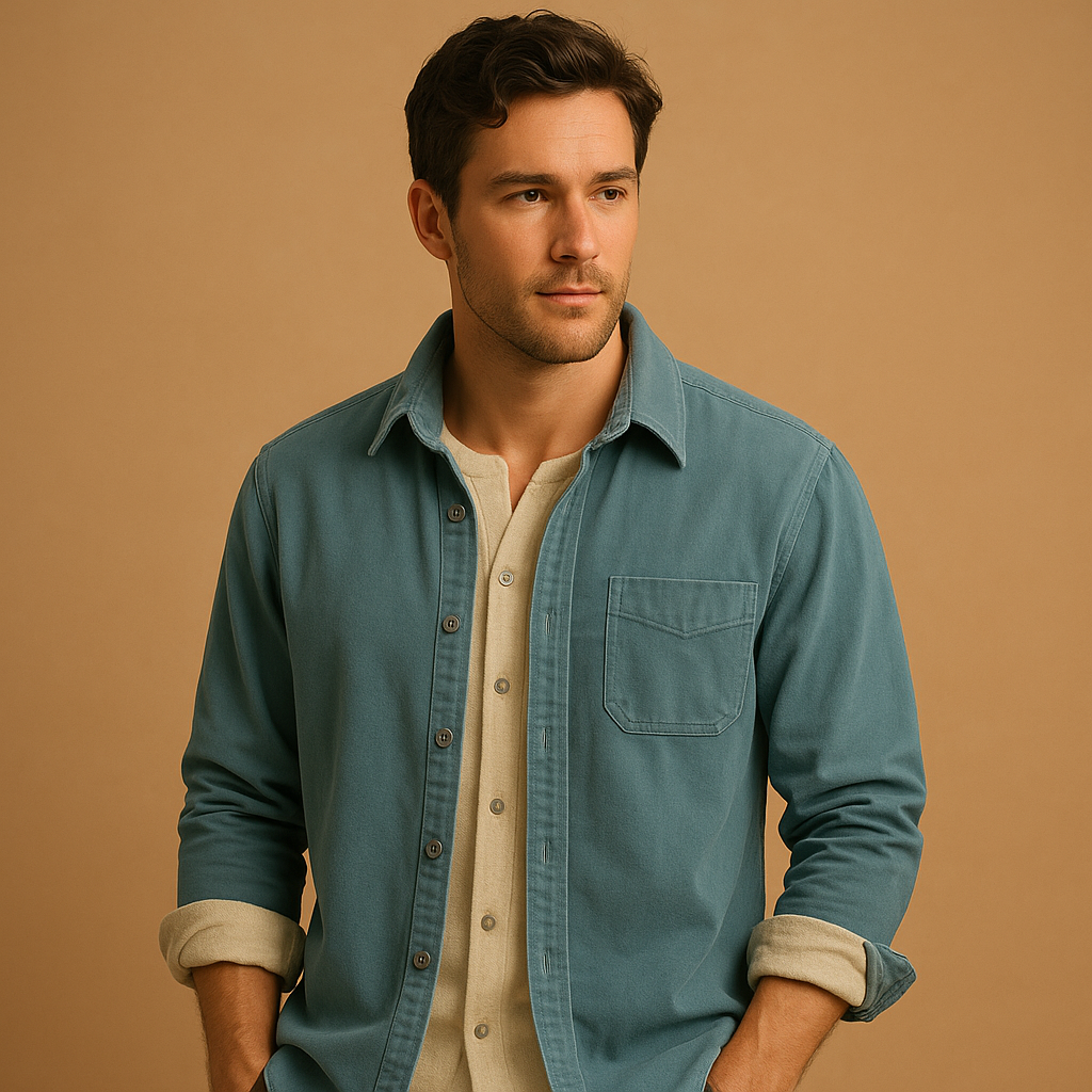 Men’s corduroy shirt with retro design in green, grey, light blue, or dark blue, perfect for casual and timeless outfits.