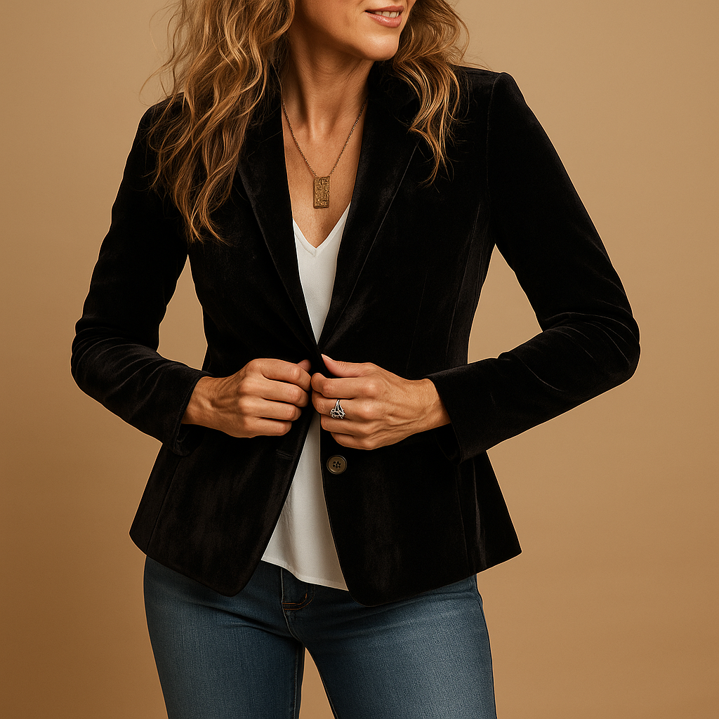 Women’s retro slim-fit blazer with tailored silhouette, lapel collar and functional pockets, ideal for office wear and stylish casual outfits.