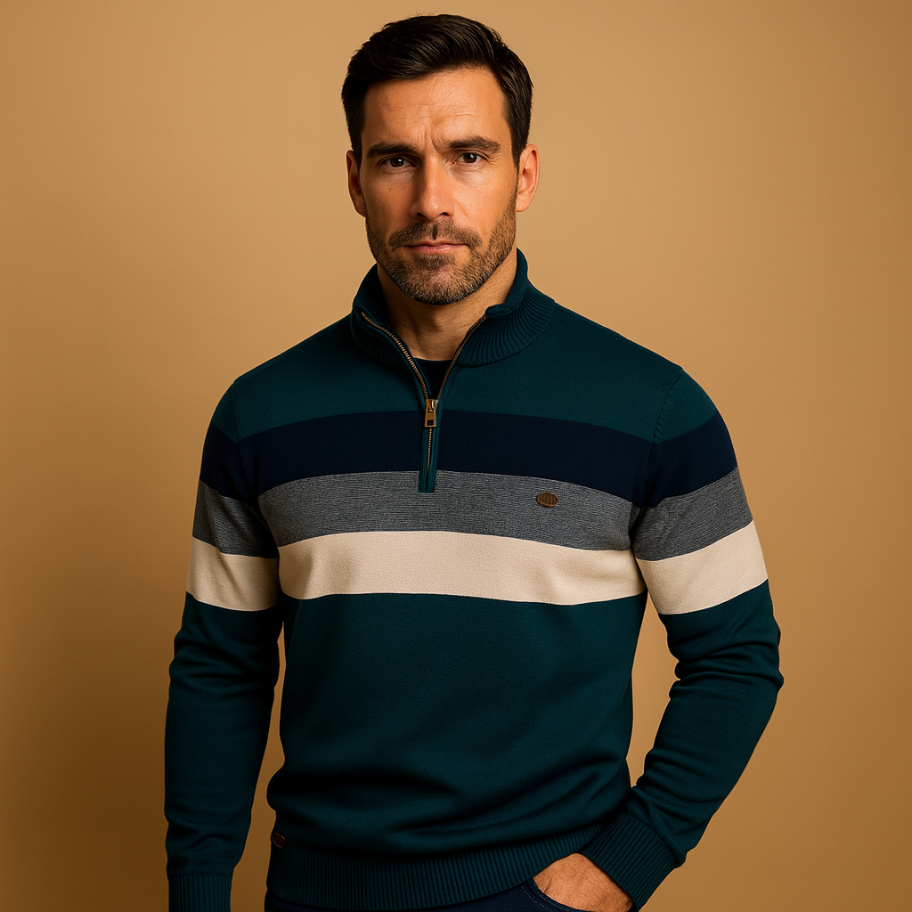 Men’s retro striped pullover with a zip collar, soft fabric, and a comfortable fit, ideal for casual autumn and winter looks.