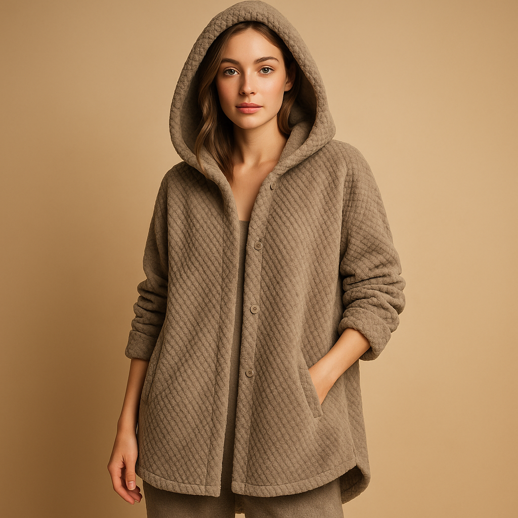 Women’s reversible fleece jacket with hood and ribbed sleeves, tailored yet relaxed fit, soft fabric, perfect for autumn and winter casual wear.