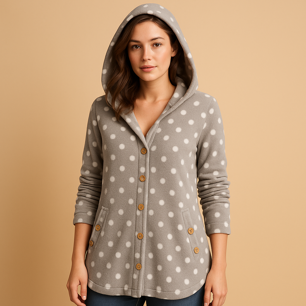Women’s reversible fleece jacket with hood and ribbed sleeves, tailored yet relaxed fit, soft fabric, perfect for autumn and winter casual wear.