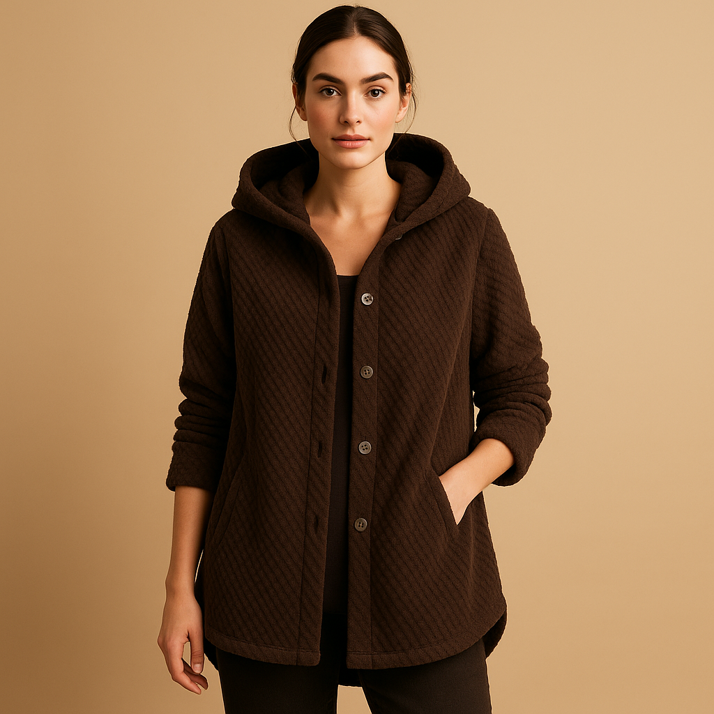 Women’s reversible fleece jacket with hood and ribbed sleeves, tailored yet relaxed fit, soft fabric, perfect for autumn and winter casual wear.