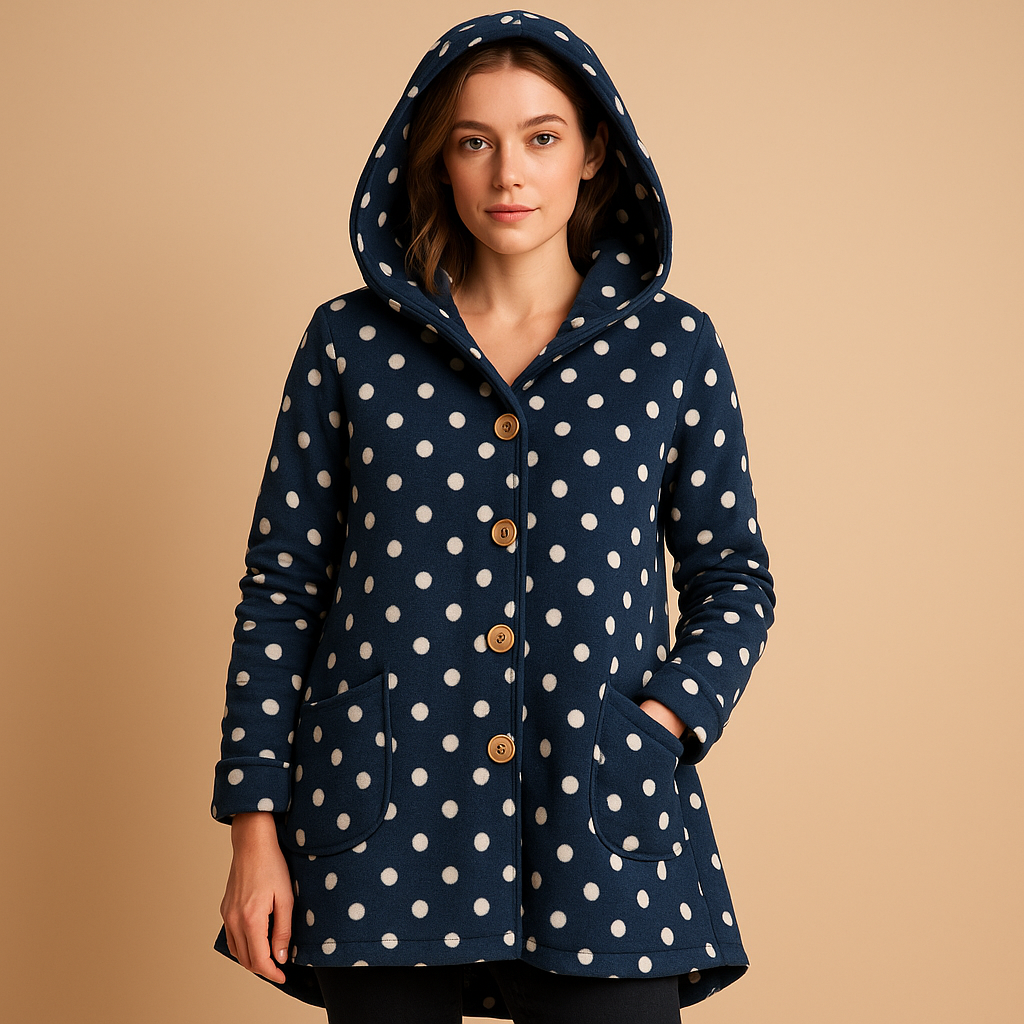 Women’s reversible fleece jacket with hood and ribbed sleeves, tailored yet relaxed fit, soft fabric, perfect for autumn and winter casual wear.