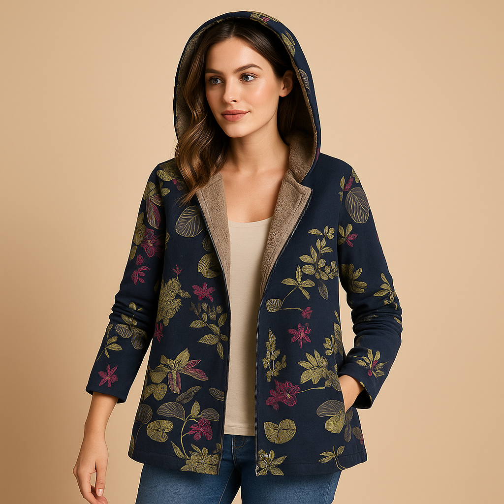 Reversible thermal jacket for women with hood and moisture-wicking fabric, perfect for cold days, daily wear, and outdoor activities.