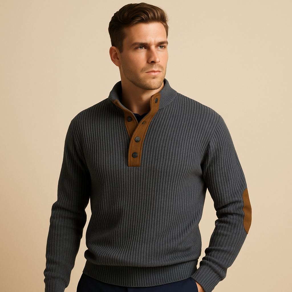 Men’s ribbed cotton sweatshirt with buttoned stand collar, tailored fit, and breathable design for everyday autumn and winter wear.
