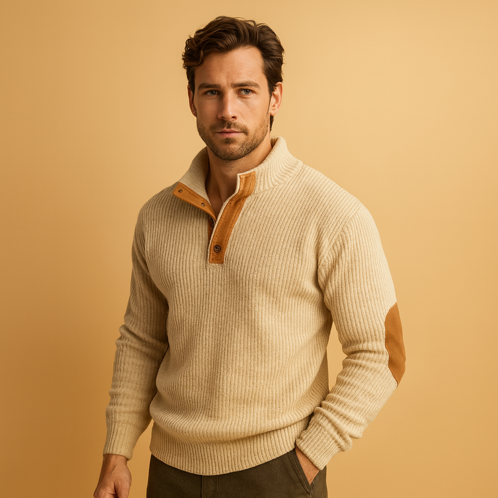 Men’s ribbed cotton sweatshirt with buttoned stand collar, tailored fit, and breathable design for everyday autumn and winter wear.