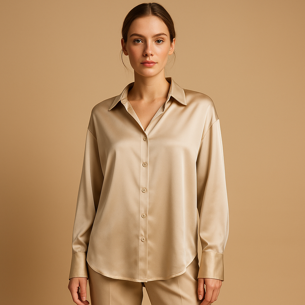 Elegant satin blouse for women with glossy finish, folded collar, and button closure, perfect for work, casual, or formal wear.