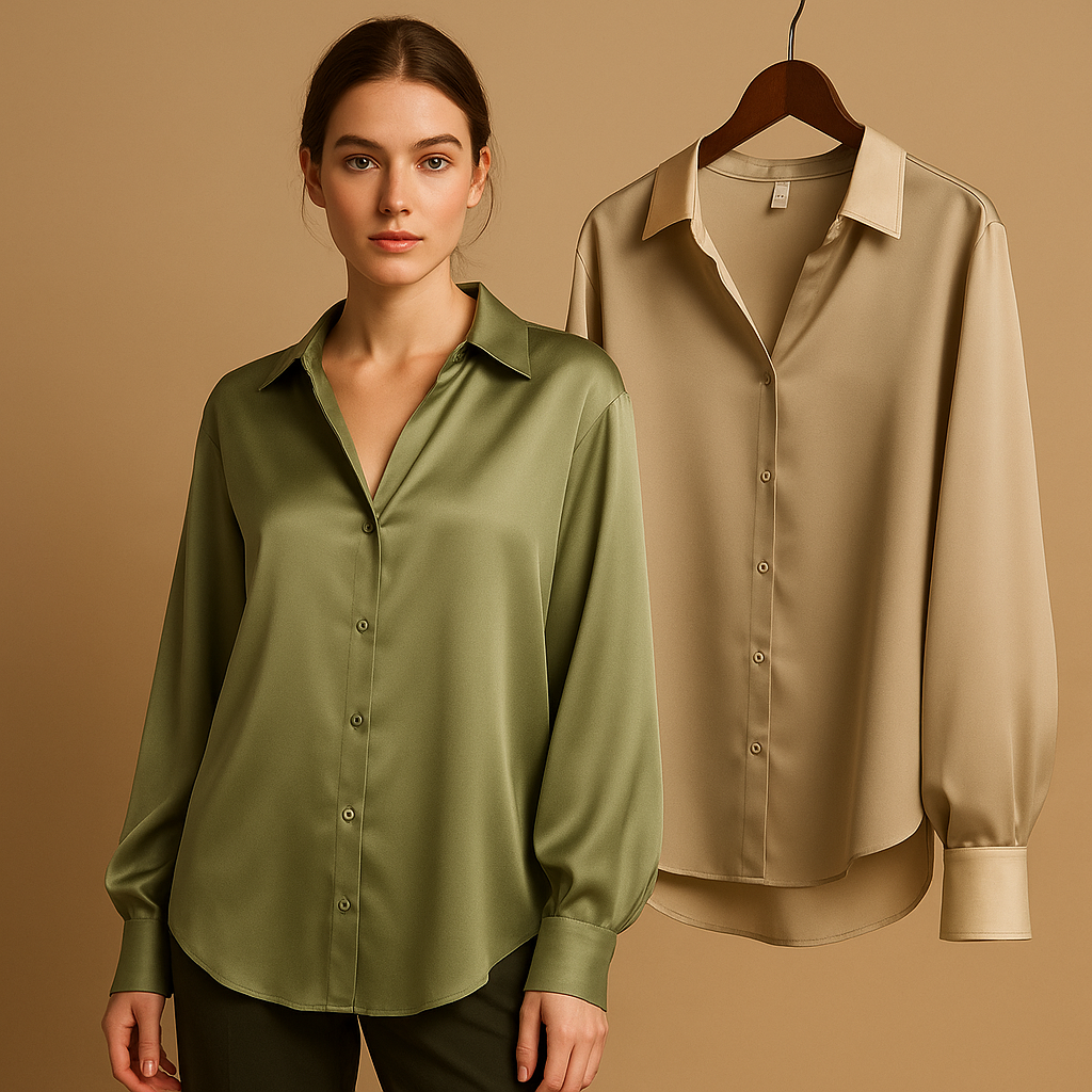Elegant satin blouse for women with glossy finish, folded collar, and button closure, perfect for work, casual, or formal wear.