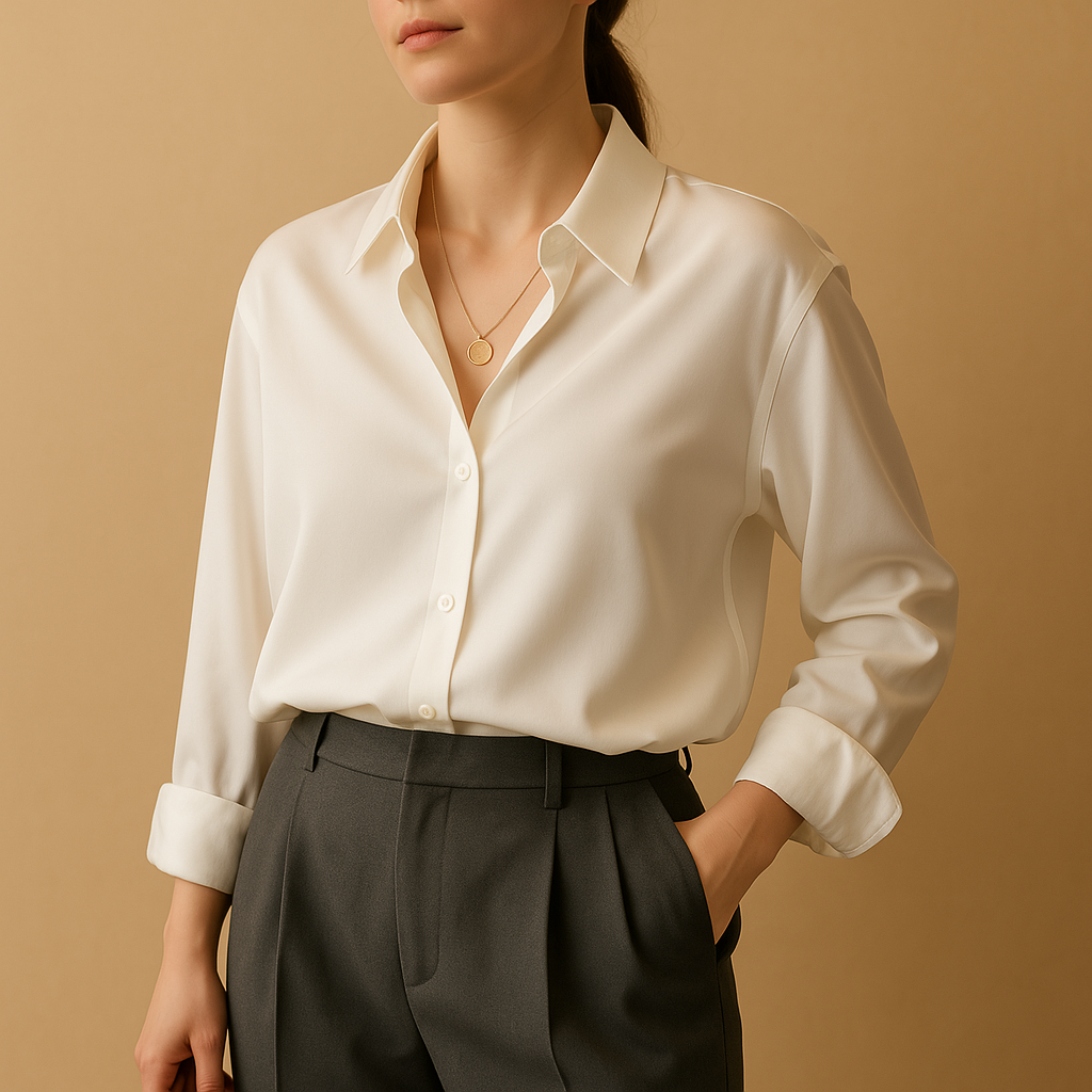 Elegant satin blouse for women with glossy finish, folded collar, and button closure, perfect for work, casual, or formal wear.