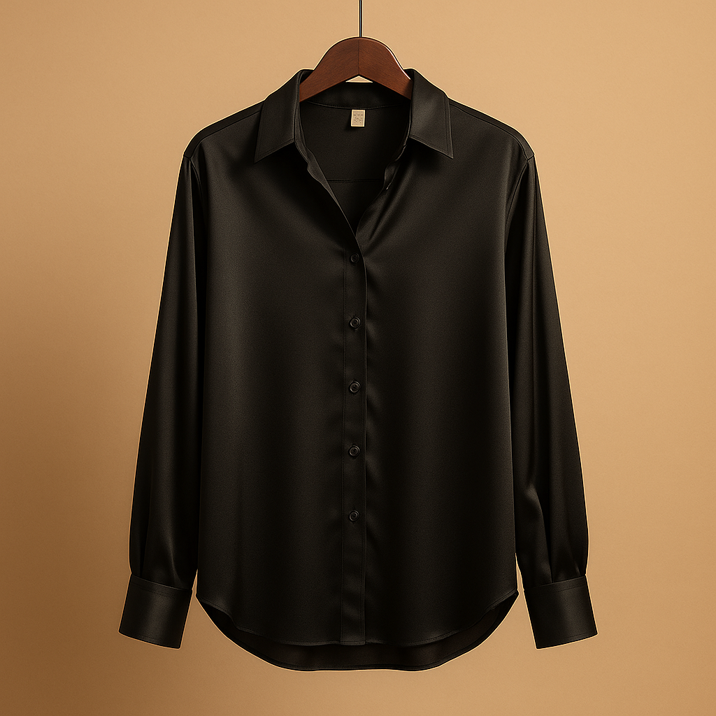 Elegant satin blouse for women with glossy finish, folded collar, and button closure, perfect for work, casual, or formal wear.