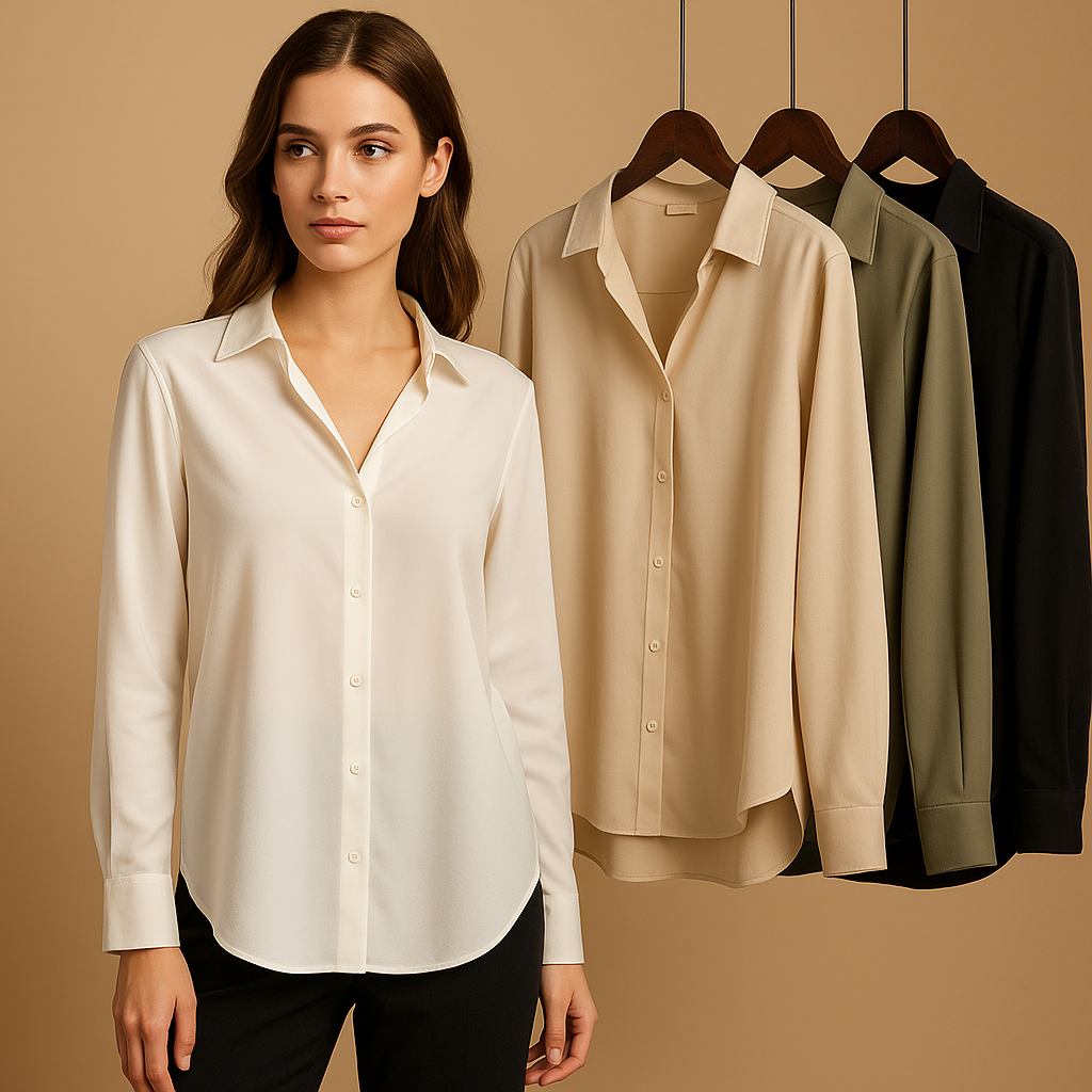 Elegant satin blouse for women with glossy finish, folded collar, and button closure, perfect for work, casual, or formal wear.