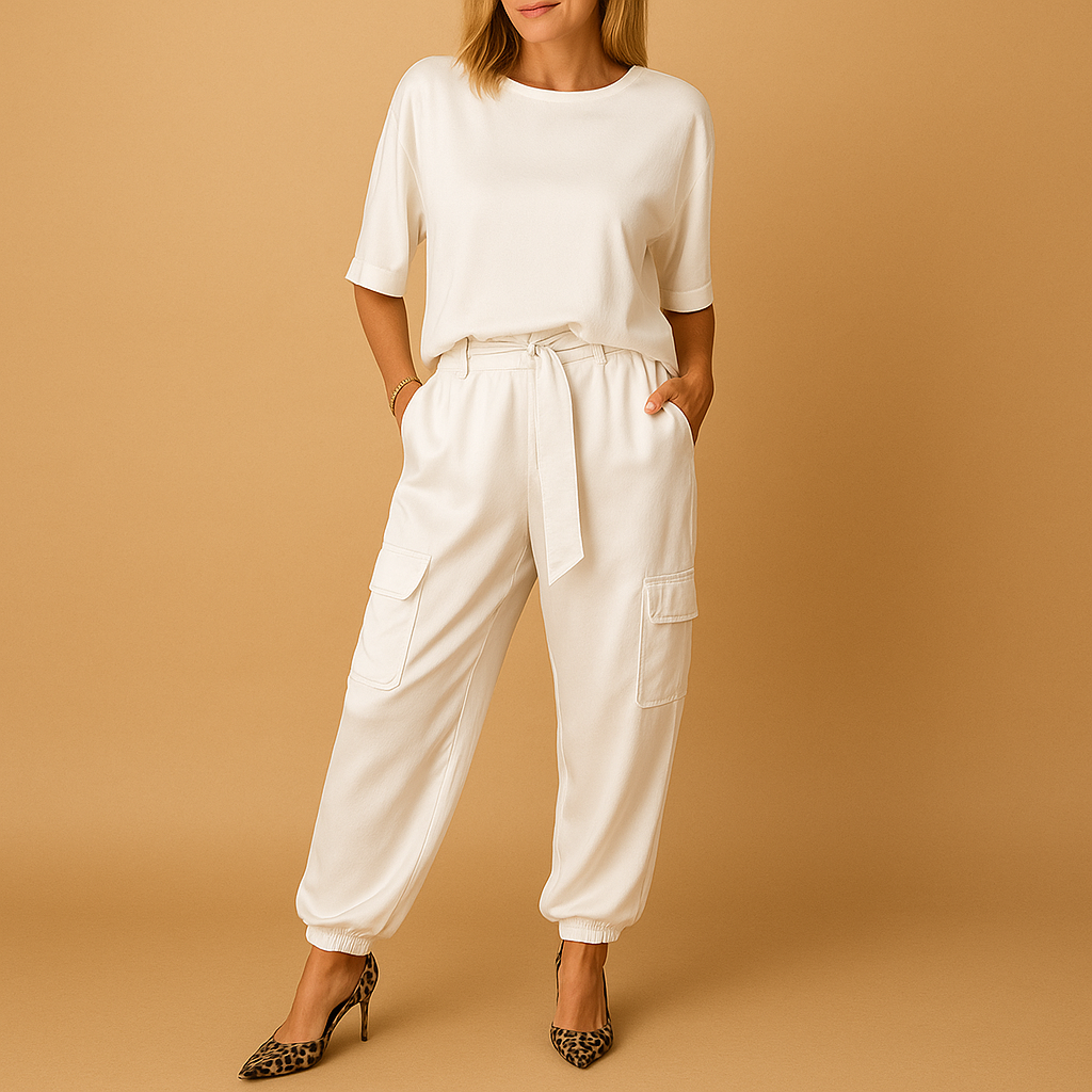 Elegant satin two-piece set for women with half-sleeve top and straight-leg pants, perfect for formal events or relaxed evenings.